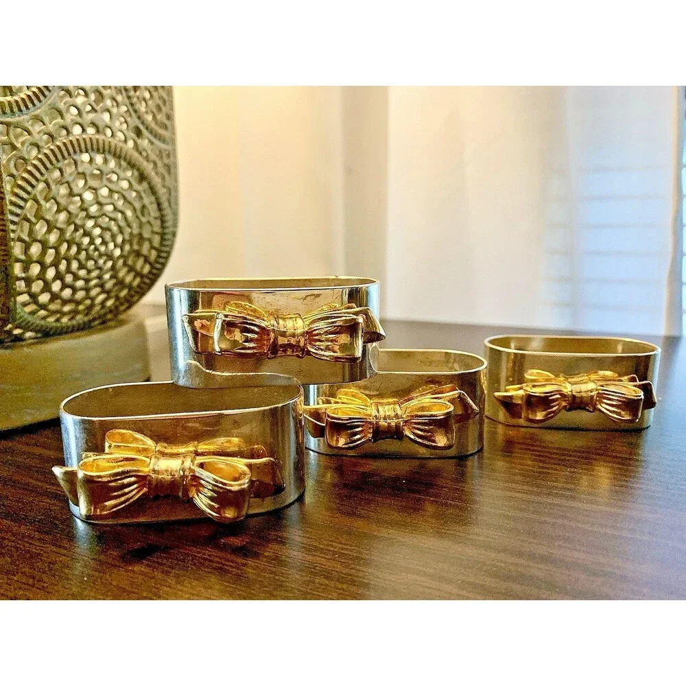 Vintage Regal Quality Silver Plated Napkin Rings Gold Bow Set of 4 Hong Kong
